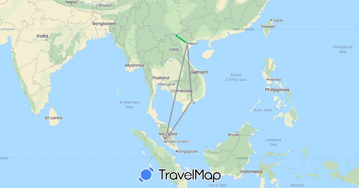 TravelMap itinerary: driving, bus, plane in Malaysia, Vietnam (Asia)